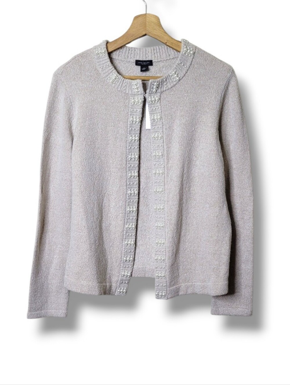 Ann Taylor Factory Pearl Embellished Tan Cardigan Sweater • Size Medium